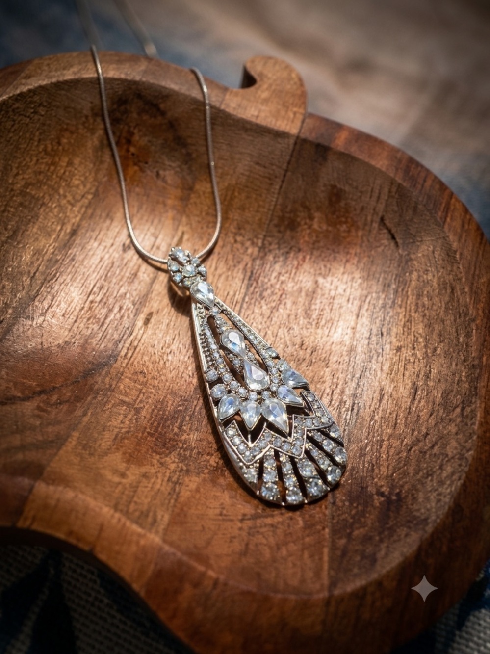 Teardrop Crystal Pendant Necklace in White Sterling Tone